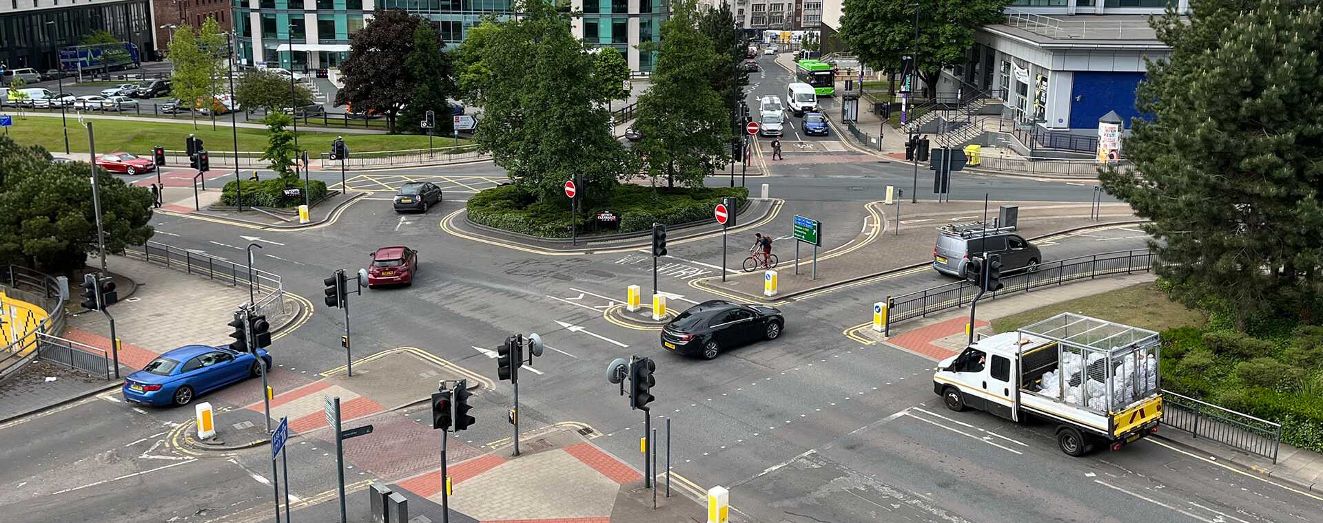 Traffic on a complex roundabout.